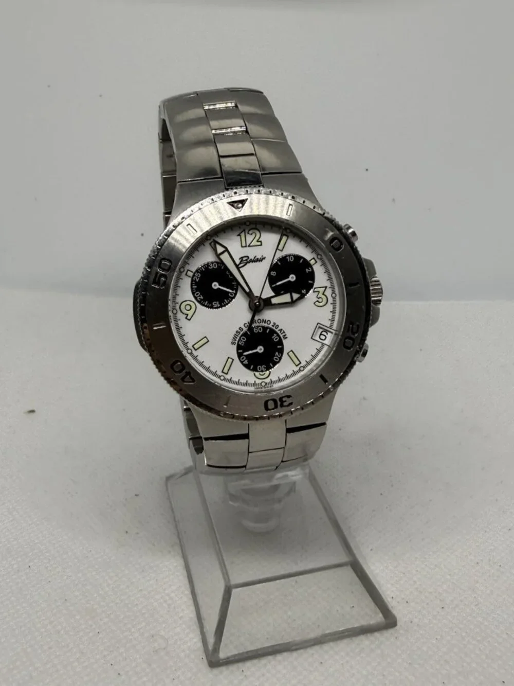 Belair A9915 Men Chronograph Diver Watch Swiss Quartz Stainless Steel White Dial